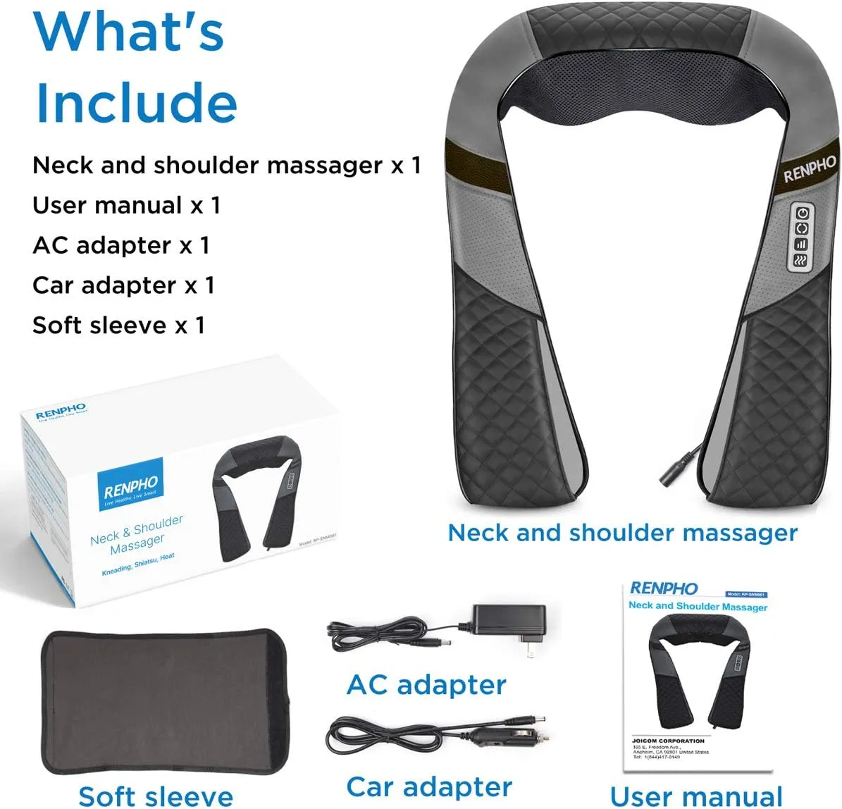 Renpho Neck Back Massager with Heat, Shoulder Massager with Electric Deep Tissue Kneading Massage, Pain Relief on Waist, Leg, Calf, Foot, Arm, Full Body, Muscles, Use at Home,Office