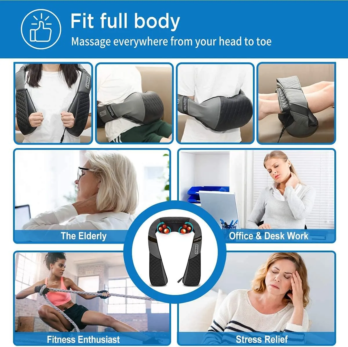 Renpho Neck Back Massager with Heat, Shoulder Massager with Electric Deep Tissue Kneading Massage, Pain Relief on Waist, Leg, Calf, Foot, Arm, Full Body, Muscles, Use at Home,Office