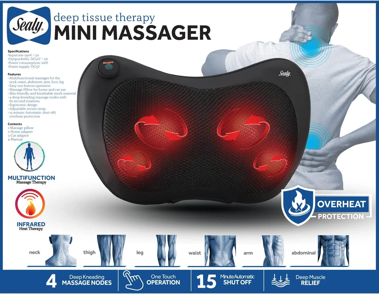 Sealy Mini Massage Pillow Pad for Full-Body Deep Tissue Muscle Relief (MA-120)