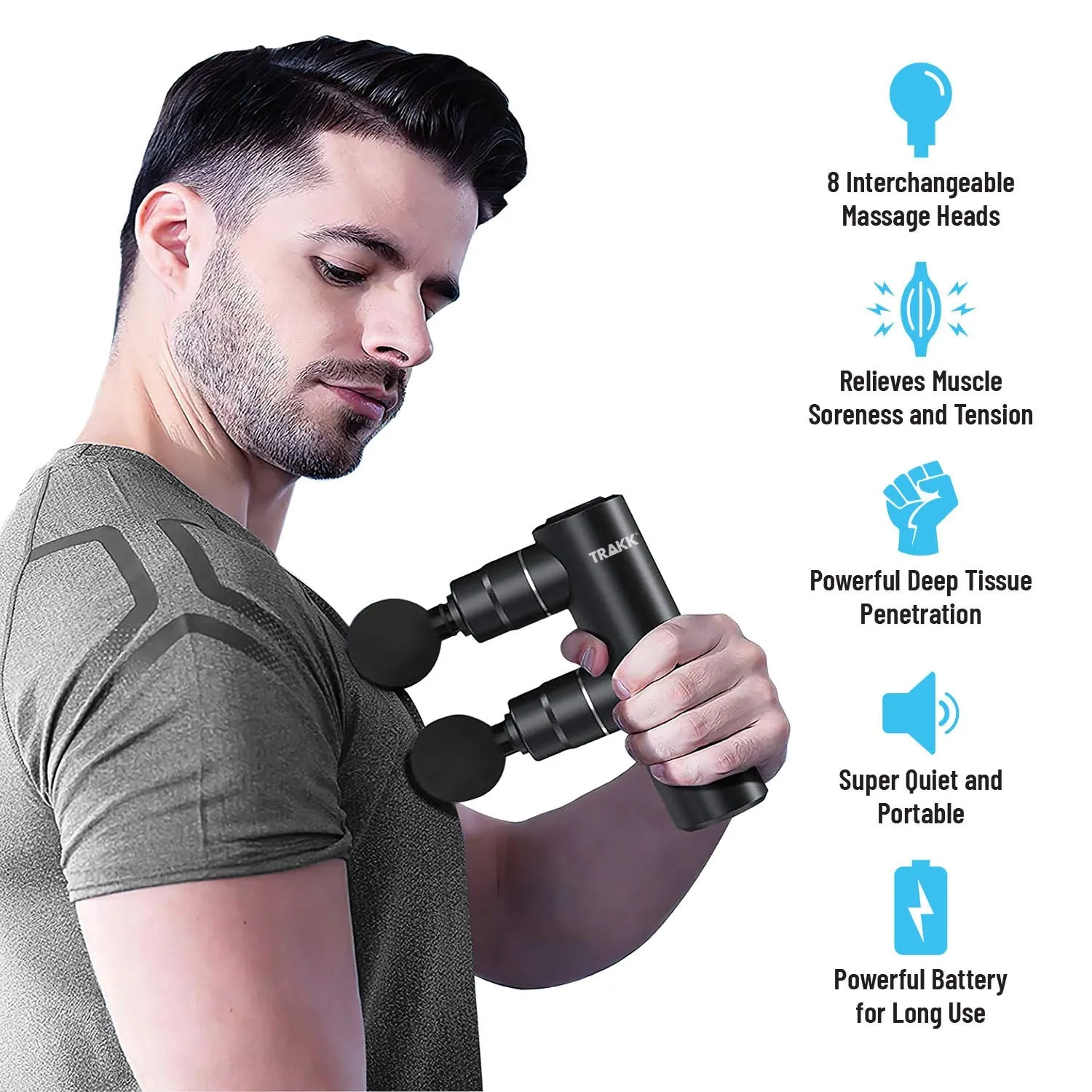 TRAKK Duo Double Head Percussion Massage Gun  Whisper Quiet - Deep Tissue Pain Relief with 8 Massage Heads High RPM vibrational Relaxation - Rechargeable Battery
