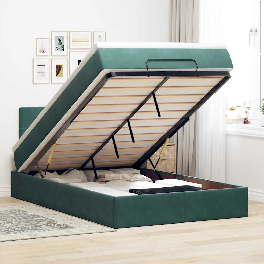 vidaXL Ottoman Bed with Mattress & LEDs Dark Green 120x200cm Velvet