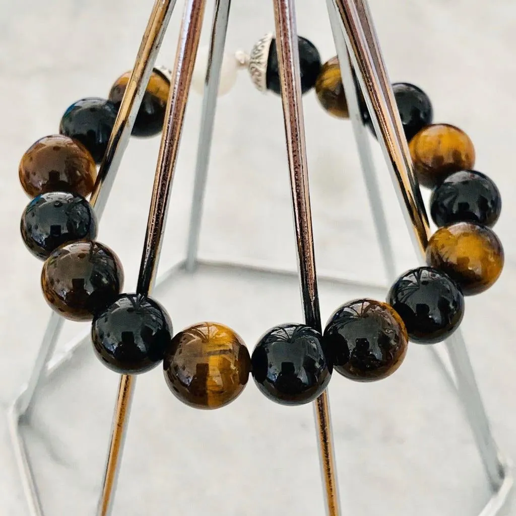 White Tridacna, Black Tourmaline & Tigereye Men Bracelet