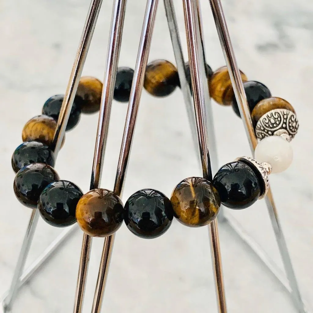 White Tridacna, Black Tourmaline & Tigereye Men Bracelet